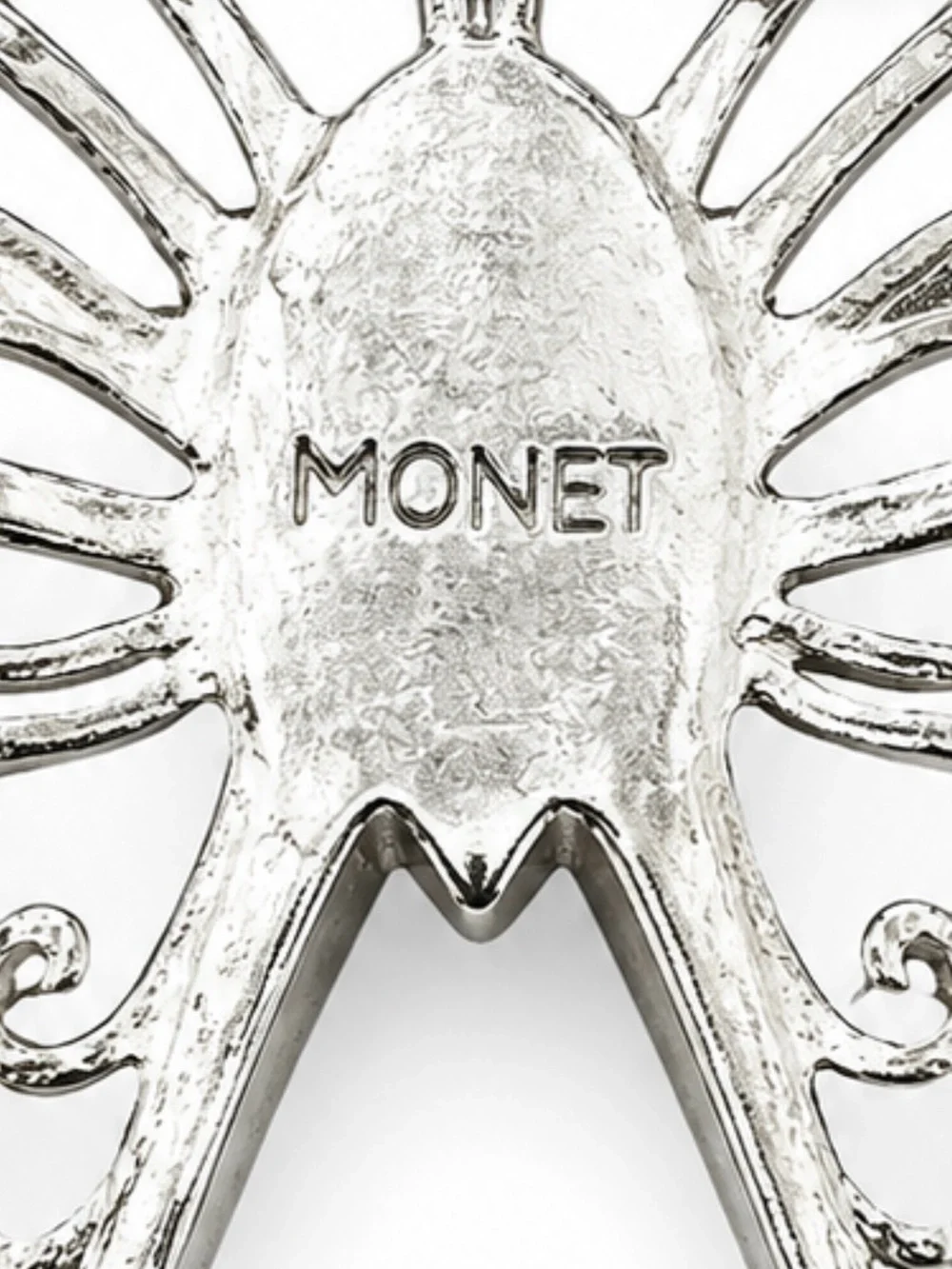 Vintage Monet Butterfly Brooch Silver‎ Tone Filigree Blue Cabochon Accent